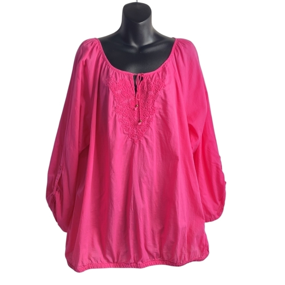 Lane Bryant Womens Pink Embroidered Tie Crewneck Roll-up Tab Sleeve Blouse Sz XL